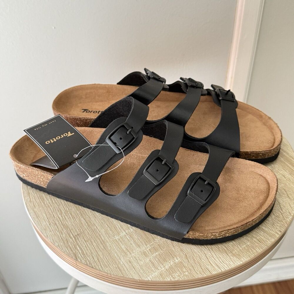 NWT Torotto Mens Slides with Cork Footbed Open Toe Flat Sandals,Black, Size 44 - Picture 8 of 16